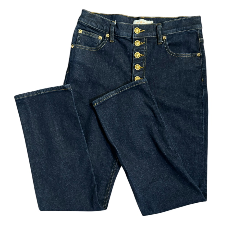 Tory Burch Dark Indigo Straight-Leg Jeans with Gold Buttons